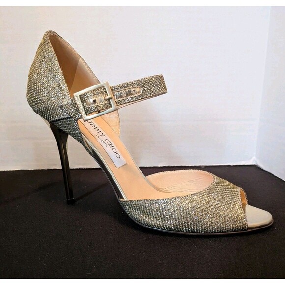 Jimmy Choo Mary Jane Pumps Gold Metallic Glitter Classic Sandle Heels (Size 40) - Picture 1 of 16